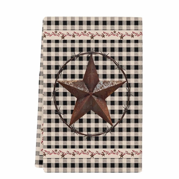 Farm Plaid Microfiber Kitchen Towel, West Texas Star Rustic Farmhouse Black Brown Soft Absorbent Dish Towels, Quick Drying Washable Dishcloths for Kitchen Cleaning, Drying Dishes, 18x28 Inches