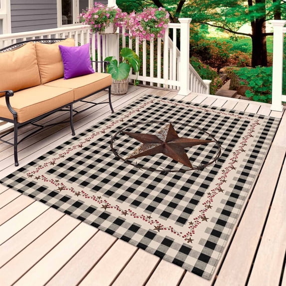 Farm Plaid Outdoor Rug for Patio/Deck/Porch, Non-Slip Large Area Rug 5 x 8 Ft, West Texas Star Rustic Farmhouse Black Brown Indoor Outdoor Rugs Washable Area Rugs, Camping Rug Carpet Runner