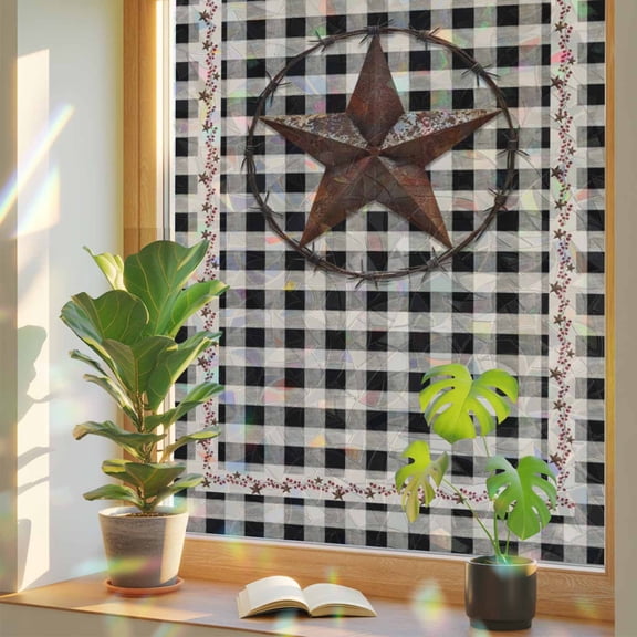 Farm Plaid Privacy Window Film, Decorative Stained Glass Window Film, West Texas Star Rustic Farmhouse Black Brown Resuable Rainbow Static Cling for Home Bathroom Living Room Glass Door 17.7"x39.3"