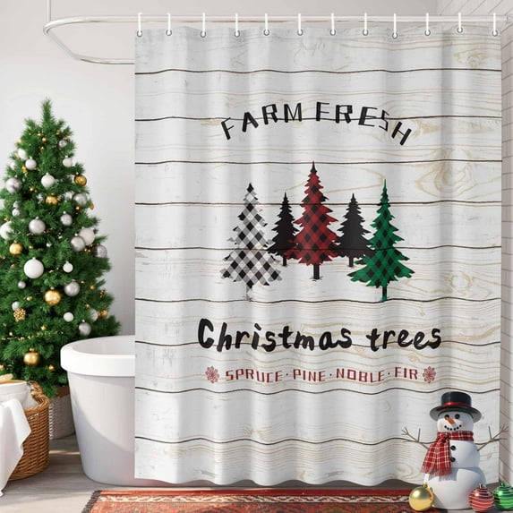 Farm Plaid Shower Curtain, 36" x 72", Christmas Tree Plank Waterproof Bathroom Curtain Washable Shower Curtain Set with 12 Hooks