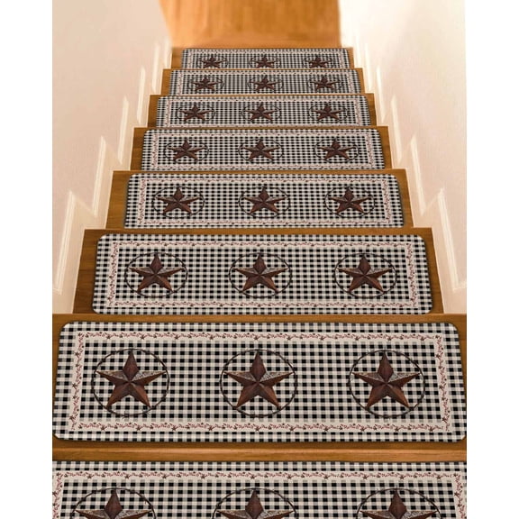 Farm Plaid Stair Treads for Wooden Steps Indoor Runner Rug Carpet, West Texas Star Rustic Farmhouse Black Brown 7 Pieces Peel and Stick Staircase Step Treads Covers Washable Throw Door Mats, 30"x8"