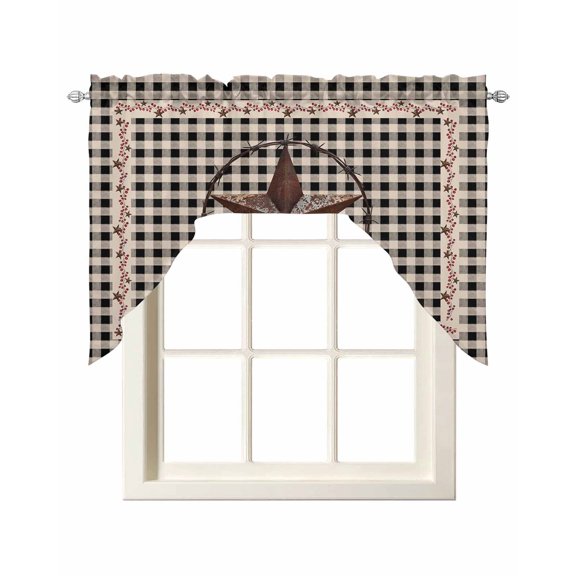 Farm Plaid Swag Valance for Windows, West Texas Star Rustic Farmhouse Black Brown Curtains Valance for Kitchen Living Room Bedroom Bathroom, Light Filtering Swag Valances Drape 56''x36''