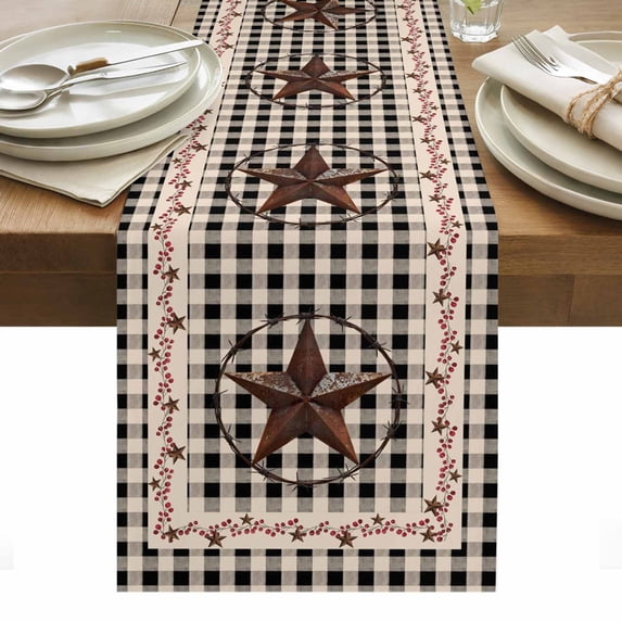Farm Plaid Table Runner - 60 Inch Long, Kitchen Dining Table Runner Dresser Scarves, West Texas Star Rustic Farmhouse Black Brown Farmhouse Decor for Coffee Tables Wedding Party Banquet