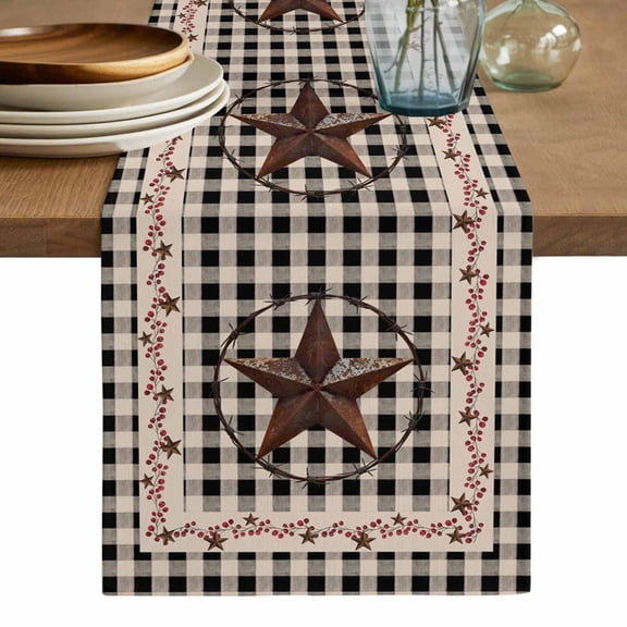 Farm Plaid Table Runner, West Texas Star Rustic Farmhouse Black Brown Washable Cotton Linen Table Runners 36 Inches Long, Dresser Scarf Runner for Nightstand/End Tables/Round Tables 13''x36''