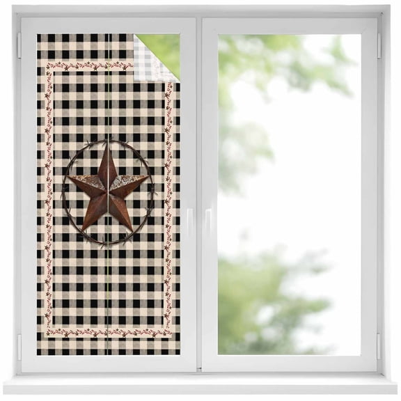 Farm Plaid Window Privacy Film, West Texas Star Rustic Farmhouse Black Brown Static Cling UV Sun Blocking Heat Control Window Tint, Non-Adhesive One Way Windows Privacy Cover 19.6''x39.3''