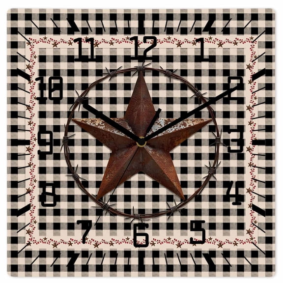 Farm Plaid Wooden Wall Clock Silent Non Ticking, West Texas Star Rustic Farmhouse Black Brown Square Wall Clocks Battery Operated, Decor Clock for Home Office, Living Room, Kitchen, 12 Inch