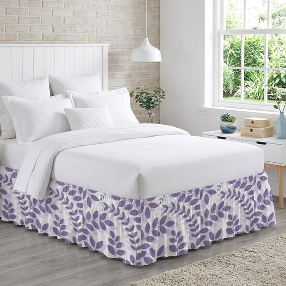 Farm Plant Leaf Bed Skirt Queen Size 16 Inch Drop, Lavender Purple Branch Leaves Linen Texture Adjustable Elastic Dust Ruffles Bedskirt for Queen Bed Wrap Around Pleated Mattress Frame Cover