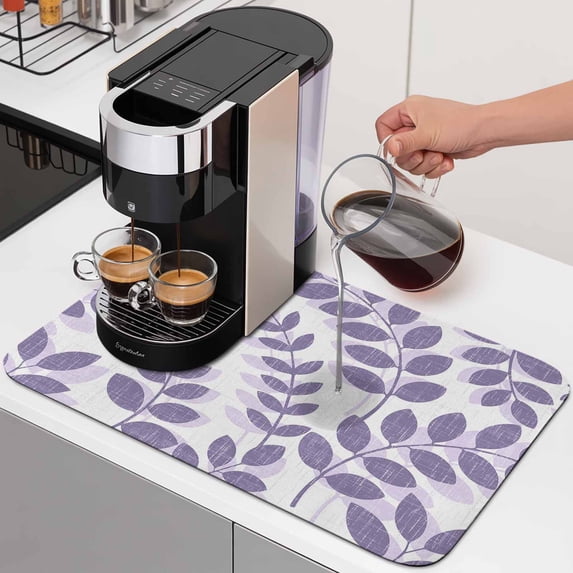 Farm Plant Leaf Dish Drying Mats for Kitchen Counter, Lavender Purple Branch Leaves Linen Texture Absorbent Coffee Bar Mat with Non-slip Rubber Backed Quick Drying Dish Rack Pad 12"x16"