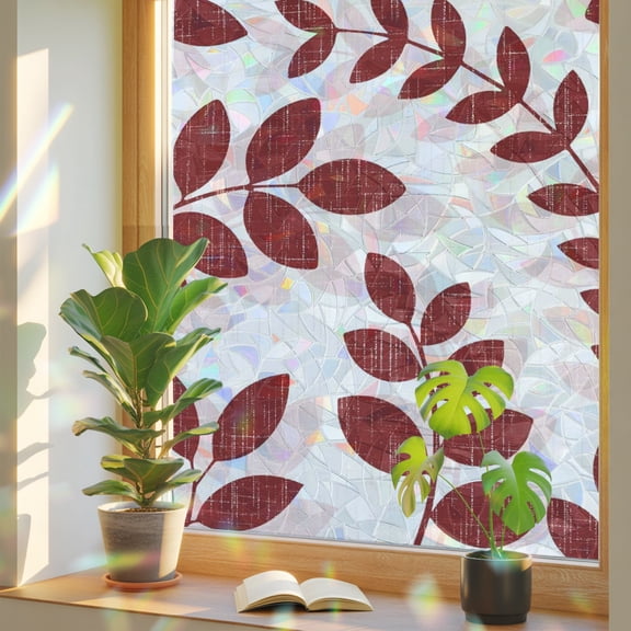 Farm Plant Leaf Window Privacy Film, Dark Red Branch Leaves Linen Texture Stained Glass Rainbow Film Decorative Window Clings, Static Cling Sun Blocking Stickers 23.6" x 78.7"