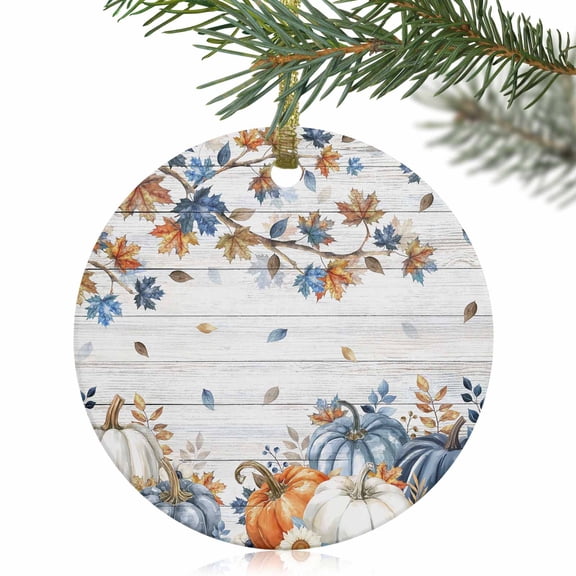 Farm Pumpkin Maple Leaf Christmas Ceramic Ornament 2025,3" Round Xmas Tree Hanging Accessories with Gold Ribbon