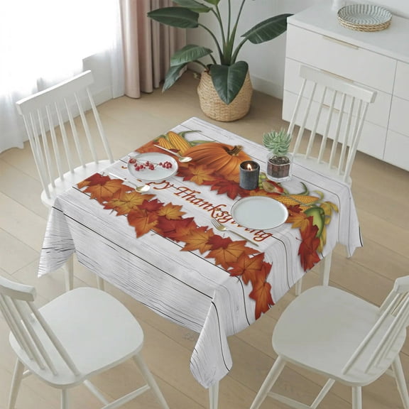 Farm Pumpkin Maple Leaf Corn Table Cloth 54x54in, Waterproof Square Tablecloth Wipeable Tablecloths Fall Thanksgiving White Wood Table Covers for Dining Tables Party Indoor Outdoor