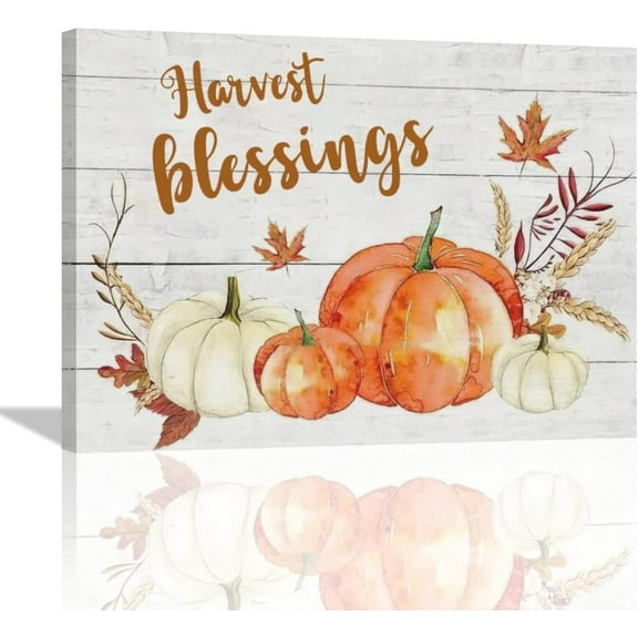 Farm Pumpkins Wall Art Farmhouse Autumn Leaves Pictures Wall Decor Rustic Fall Harvest Blessings Painting Thanksgiving Gifts Framed Canvas Artwork for Kitchen Living Room Bedroom 12"x16"