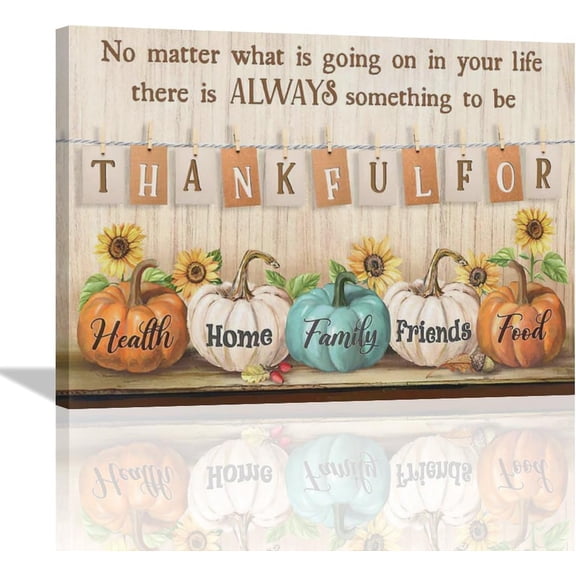 Farm Pumpkins Wall Art Farmhouse Thanksgiving Pumpkin Pictures Wall Decor Rustic Fall Painting Autumn Framed Canvas Artwork Thankful for Family Friends Decor for Kitchen Living Room 12"x16"