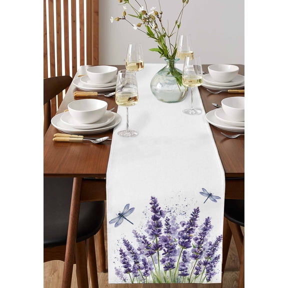 Farm Purple Flowers Lavender Table Runner 13x36in Non-Slip Cotton Linen Table Runners, Country Dragonfly Dresser Scarves TableRunner for Dinner Kitchen Dining Wedding Party