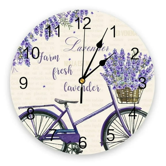 Farm Purple Fresh Flower Lavender Bicycle Living Room Clock Wall Round Clocks Decor Home Bedroom Kitchen Decoration Wall Clocks(10 Inch)