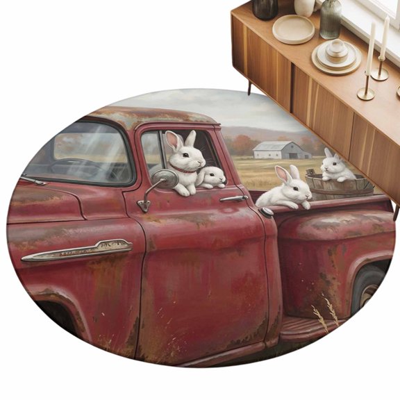 Farm Rabbit Animal 6ft Non Slip Round Area Rug Vintage Red Truck Daisy Brown Tree House Washable Soft Area Rugs for Living Room, Indoor Circle Carpet for Bedroom Dining Room Kitchen