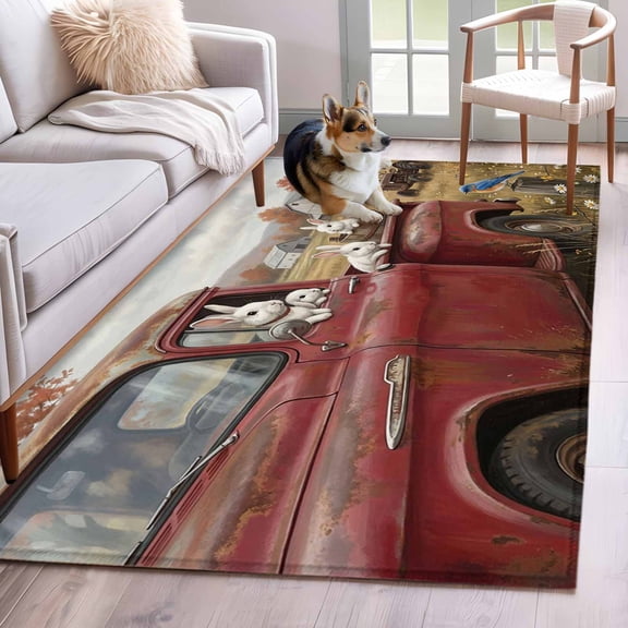 Farm Rabbit Animal Area Rugs 3x5 ft Vintage Red Truck Daisy Brown Tree House Washable Rug Non Slip Indoor Carpet Absorbent Floor Mat for Living Room Bedroom Dining Room