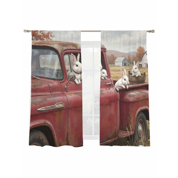 Farm Rabbit Animal Sheer Curtains 2 Panels Set Vintage Red Truck Daisy Brown Tree House Sheer Window Curtains Light Filtering Rod Pocket Voile Drapes for Bedroom Living Room 52"X72"