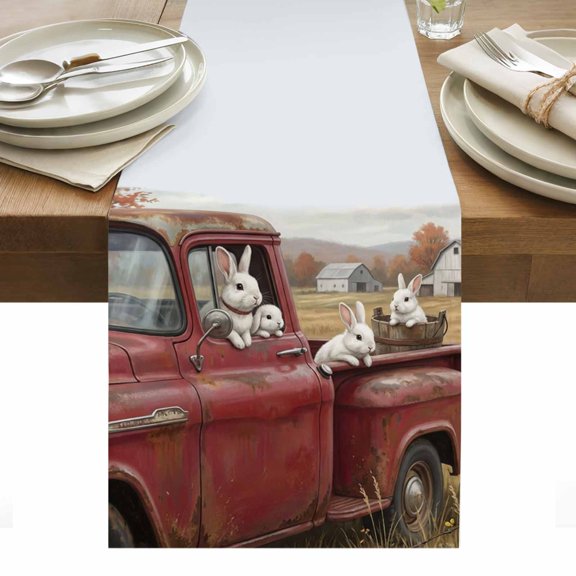Farm Rabbit Table Runner Farmhouse Pastoral Truck Bunny Trees Barn Tablerunners 13 x 36 Inch, Table Decorations Tabletop Scarf for Summer Gathering Holiday Farmhouse Kitchen Dining Decor