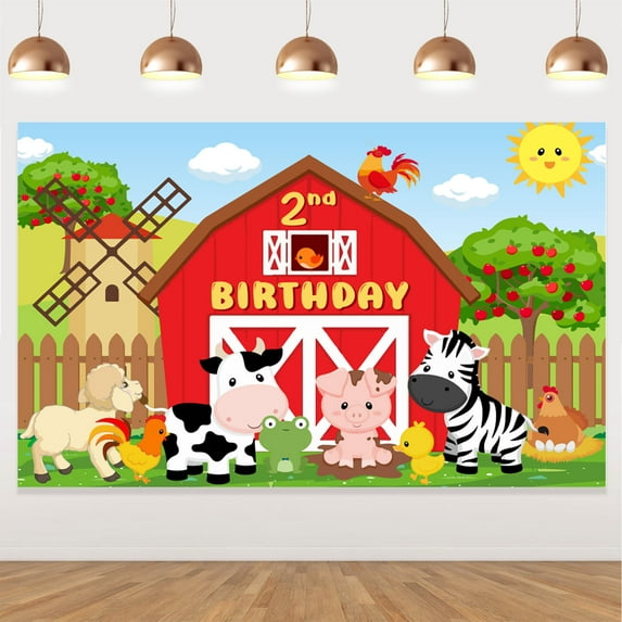 Farm Red Barn Backdrop for Kids Party, Cartoon Farm Animals 2nd Birthday Party Photoshoot Photography Background, Farm Theme Party Cake Table Banner Photobooth Decorations