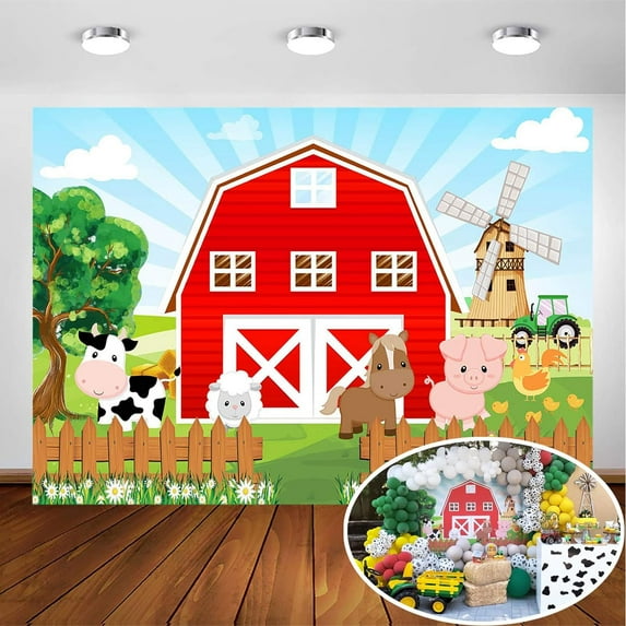 Farm Red Barn Backdrop for Kids Party Cartoon Farm Animals Birthday Party Photoshoot Photography Background Farm Theme Party Cake Table Banner Photobooth Decorations