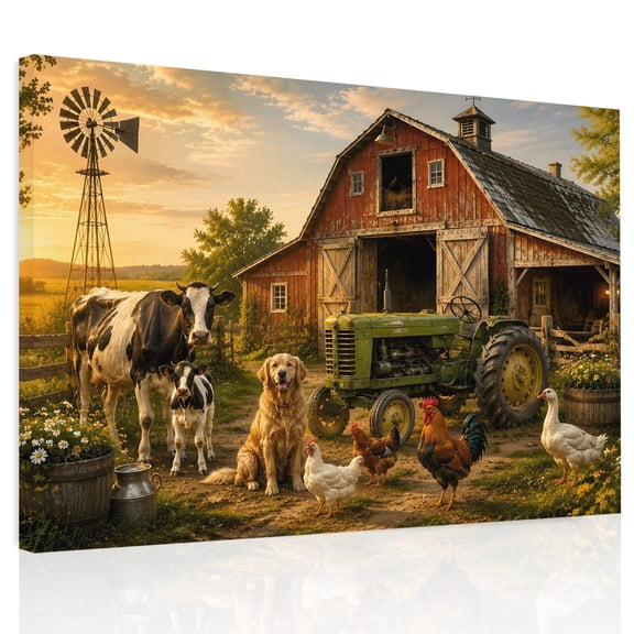 Farm Red Barn Canvas Print Wall Art, Golden Retriever Rooster Cow Rustic Sunset Wall Decor Framed Artwork Paintings Pictures for Living Room Bedroom Stretched Ready to Hang, 24" x 32"