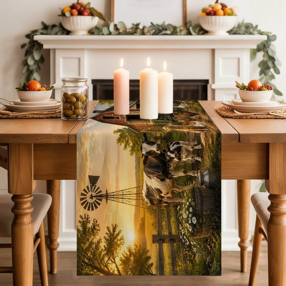 Farm Red Barn Dining Table Runner, Golden Retriever Rooster Cow Rustic Sunset Washable Table Runners Kitchen Coffee Table Center Decor for Home Party Holiday Wedding 13 x 90 Inches