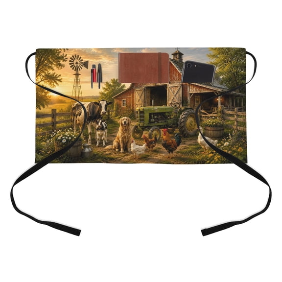 Farm Red Barn Kitchen Restaurant Half Waist Apron, Golden Retriever Rooster Cow Rustic Sunset Server Short Apron with 3 Pockets Waterproof Oil Waist Aprons for Women Waitress Waiter
