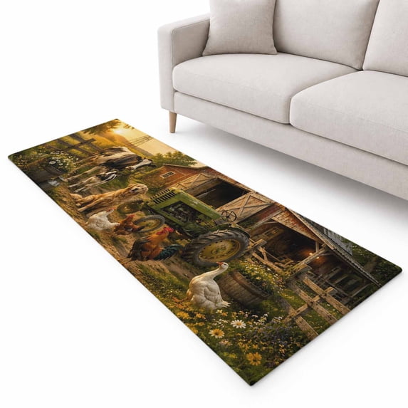 Farm Red Barn Runner Rug 2'x6', Golden Retriever Rooster Rustic Sunset ...