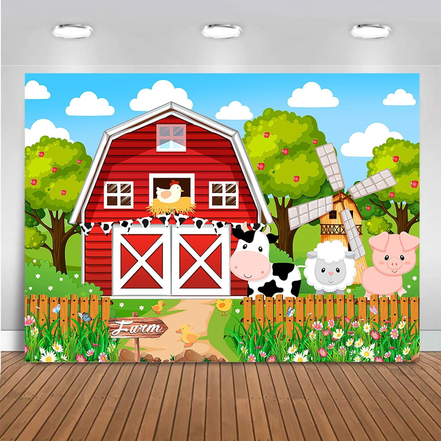 Cartoon Farm Red Barn Birthday Party Round Backdrop