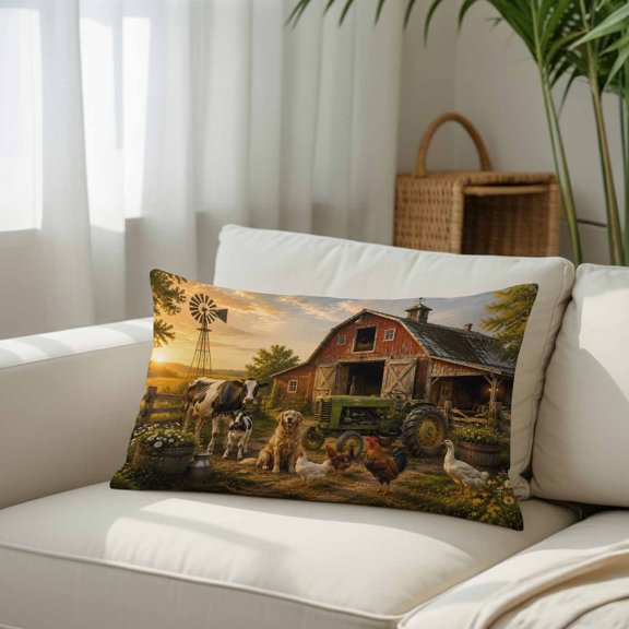 Farm Red Barn Throw Pillow Covers, Golden Retriever Rooster Cow Rustic Sunset Decorative Lumbar Throw Pillowcase Cushion Cover with Smooth Hidden Zipper for Bedroom Sofa 12 x 20 Inches