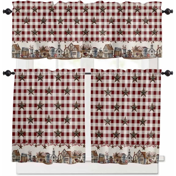 Farm Red Kitchen Curtains, Brown Western Texas Star Red Plaid Country 3-Piece Kitchen Curtain Valance and Tiers Set 24 Inch Length, Rod Pocket Half Window Curtains for Cafe Living Room Bathroom