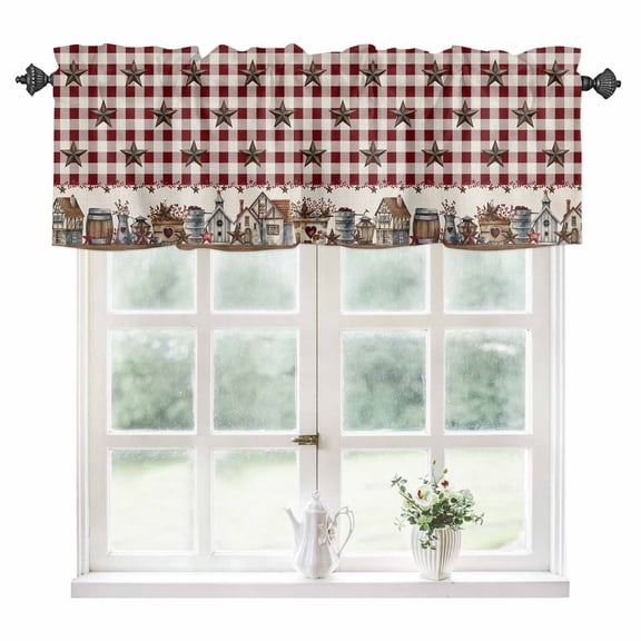 Farm Red Kitchen Valances for Windows 54x18 Inch Kitchen Curtains Valances Rod Pocket Brown Western Texas Star Red Plaid Country Bathroom Window Valances for Window Treatment Decor