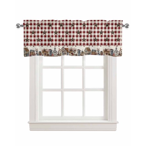 Farm Red Kitchen Valances for Windows Farmhouse Linen Window Valance Curtain for Living Room Window Treatment Brown Western Texas Star Red Plaid Country Valance Rod Pocket Topper Drape, 42 x 12 Inch