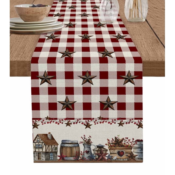 Farm Red Table Runner Brown Western Texas Star Red Plaid Country Tablerunners 13 x 36 Inch, Table Decorations Tabletop Scarf for Summer Gathering Holiday Farmhouse Kitchen Dining Decor