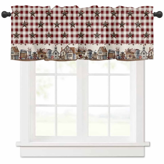 Farm Red Valances for Windows Farmhouse Kitchen Curtains Valances Rod Pocket Valance Curtains for Kitchen Windows Brown Western Texas Star Red Plaid Country Window Valances for Bathroom 54"x18"