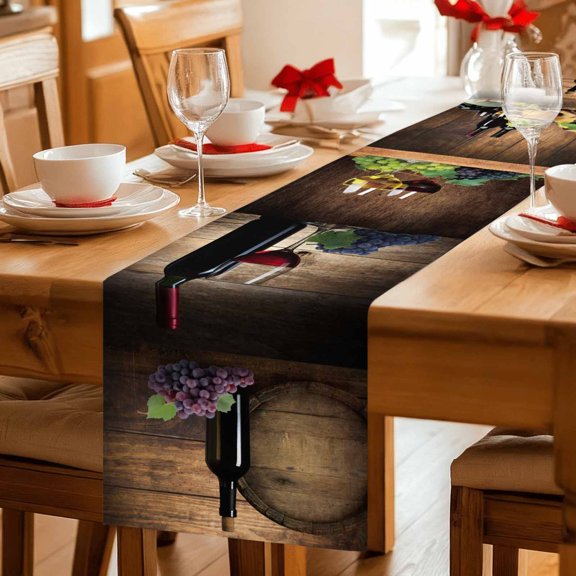 Farm Red Wine Grapes Wine Barrel Table Runner 36 Inches Long,Kitchen Dining Tablerunners Vintage Brown Wood Board Linen Table Runners Dresser Scarves for Home Dinner Wedding Holiday Party Decor