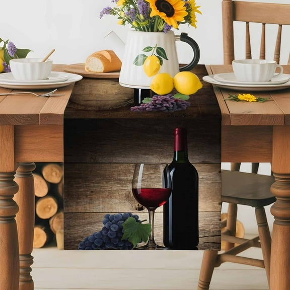 Farm Red Wine Grapes Wine Barrel Table Runner Dresser Scarf,Kitchen Dining Table Decoration Vintage Brown Wood Board Linen Table Runners for Home Wedding Indoor Outdoor Party,13x70in