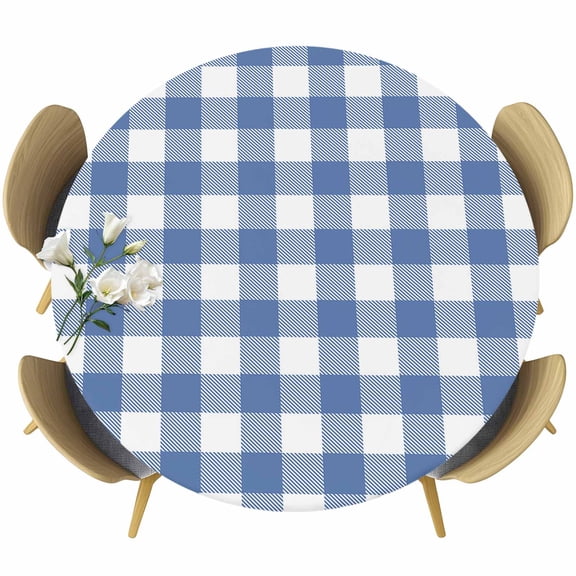 Farm Retro Blue White Buffalo Lattice Fitted Round Tablecloths Table Covers 55"-60",Waterproof Table Cloth for Kitchen Holiday Party Tables Decor