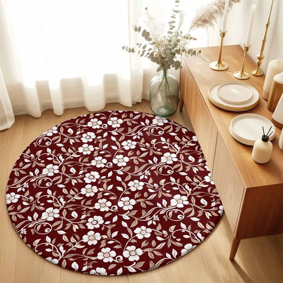 Farm Retro Flower Burgundy Red Round Area Rug 3ft,Living Room Rug Non-Slip Washable Circle Rugs Pad,Blossom Floral Leaves Soft Floor Carpet for Bedroom Dining Room