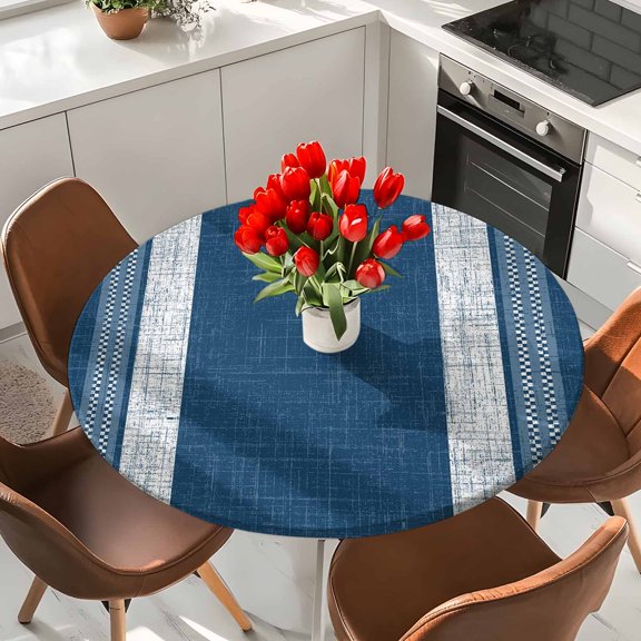 Farm Retro Linen Burlap Texture Round Fitted Tablecloth with Elastic Edge,Waterproof Table Cloth Fits 36"-44"Tables,Wipeable Table Cover for Indoor Outdoor Dinning Party,Geometric Navy Blue Stripes