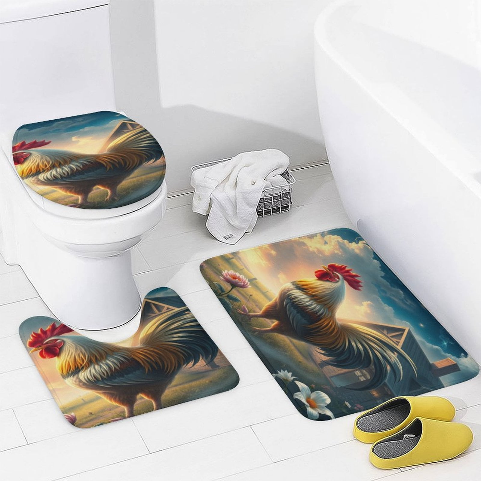 Farm Retro Male Rooster Bathroom Rugs Set 3 Piece with Non-Slip Bath ...