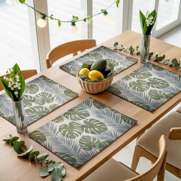 Farm Retro Monstera Palm Leaves Placemats Set of 4,Wipeable Washable Table Mats for Dining Tables, Sage Green Gray Plant Place Mats for Kitchen Event Party Tabletop Decor