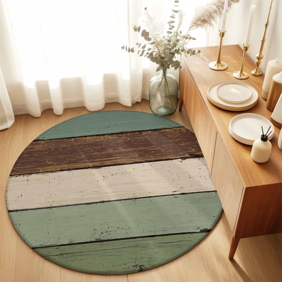 Farm Retro Teal Wood Board Round Area Rug 3ft,Living Room Rug Non-Slip Washable Circle Rugs Pad,Farmhouse Brown Wood Grain Soft Floor Carpet for Bedroom Dining Room
