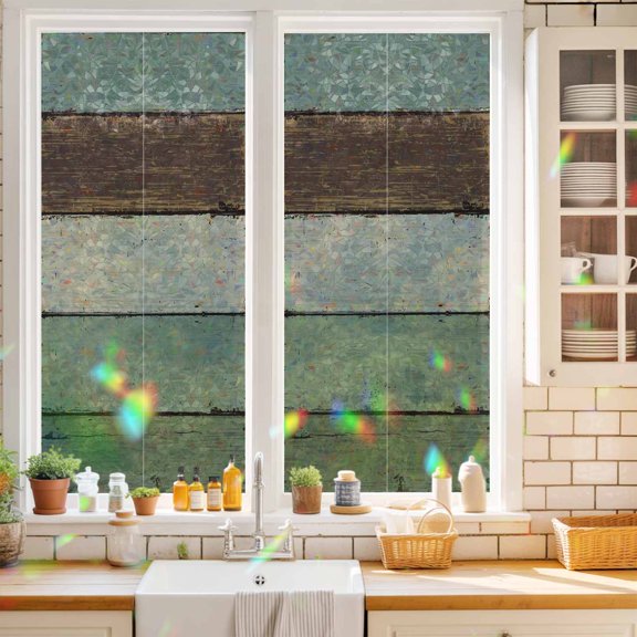 Farm Retro Teal Wood Board Window Privacy Film,Decorative Windows Static Cling Farmhouse Brown Wood Grain Heat Control Removable Glass Sticker for Home Bathroom Bedroom Window Door,17.7x39.3in