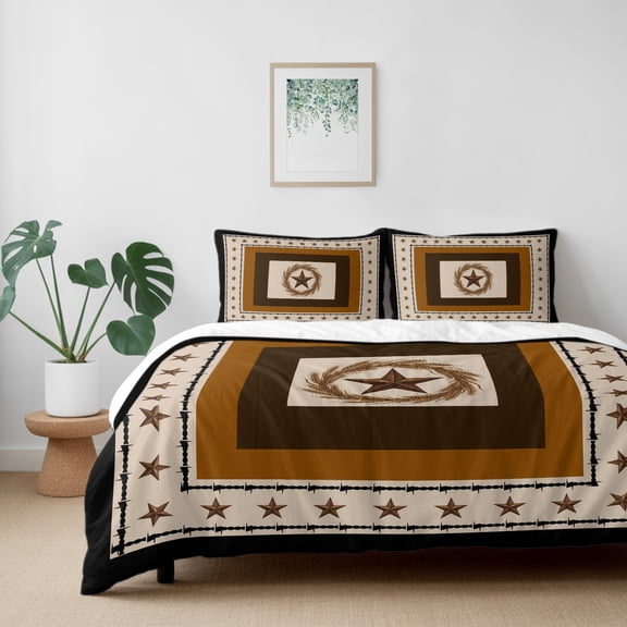 Farm Retro Western Star Wheat California King Size Bed Set,Vintage Rustic Art Square Bedding for All Seasons,4 Pcs Bed Set with 1 Quiltcover (96"x104"),1 Sheet (110"x98"),2 Pillowcases (20"x36")