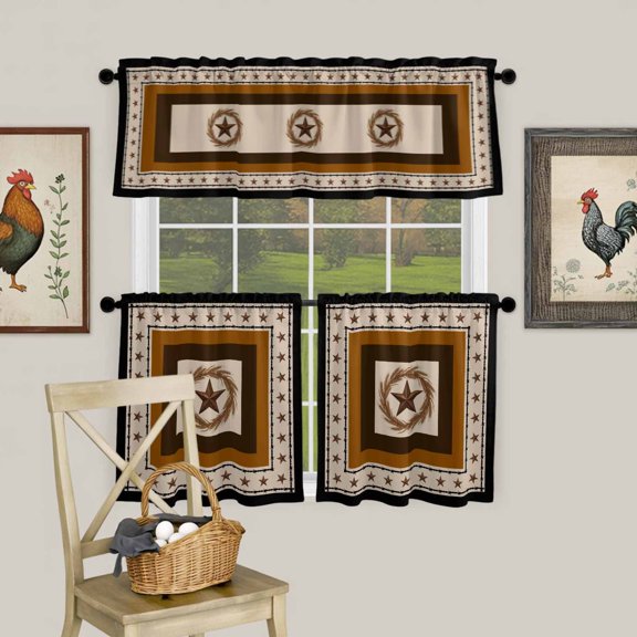 Farm Retro Western Star Wheat Curtain Tier and Valance Set 3 Piece, Vintage Rustic Art Square 3-inch Rod Pocket Window Tier Curtains Valance for Kitchen Living Room