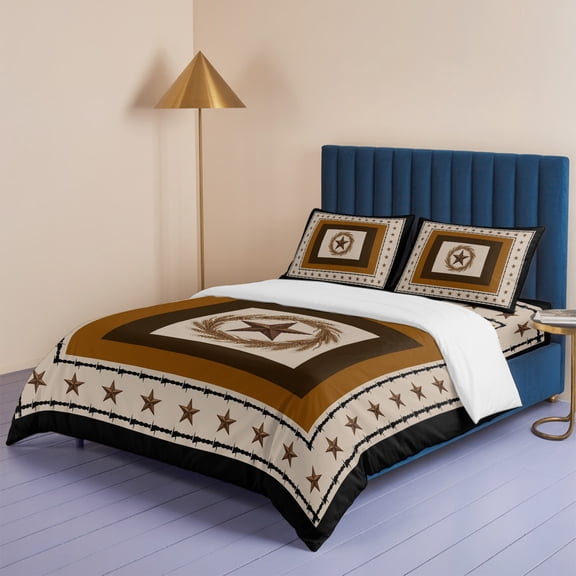 Farm Retro Western Star Wheat Queen Size Bed Set,Vintage Rustic Art Square Bedding for All Seasons,4 Pcs Bed Set,1 Quiltcover (90"x90"),1 Sheet (90"x102"),2 Pillowcases (20"x30")
