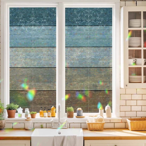Farm Retro Wood Board Gradient Window Privacy Film,Decorative Windows Static Cling Farmhouse Barn Brown Teal Plank Heat Control Removable Glass Sticker for Bathroom Bedroom Window Door,17.7x39.3in