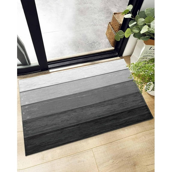 Farm Retro Wood Grain Black Gray Doormat Shaggy Plush Rug, Comfy Furry Floor Area Rugs Farmhouse Gradient Stripes Cozy Throw Shag Carpets Indoor Entrance Decor Door Mats